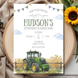 May include: A rectangular birthday invitation card featuring a green tractor illustration, wheat field, and bunting flags. The text reads: Start your tractor and get it in gear, Hudson's 1st birthday is almost here, September 5, 123 Farm Rd, Austin, TX 78701, RSVP 123-456-7891.