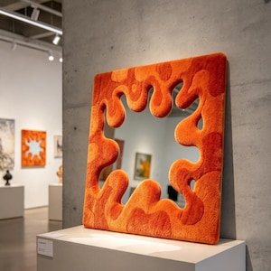 May include: A square mirror featuring a thick, plush, orange-colored frame with an irregular, wavy, and organic cutout pattern. The textured, fuzzy material of the frame contrasts with the smooth, reflective surface of the central glass mirror.