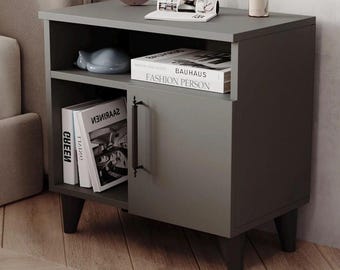 Modern Gray Nightstand, Scandinavian Storage Cabinet, Minimalist Bedside Table