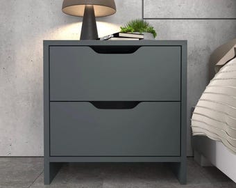 Modern Gray 2-Drawer Nightstand, Scandinavian Minimalist Wooden Bedside Table