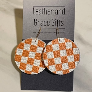 University of Tennessee Football Basketball Volunteers Vols  Leather Earrings Orange White Checkerboard