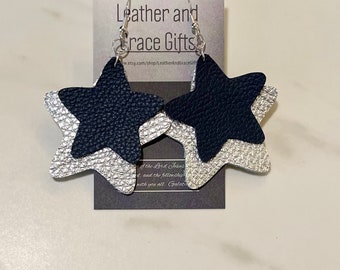 Dallas Cowboys Football Silver Blue Star Leather Dangle Earrings