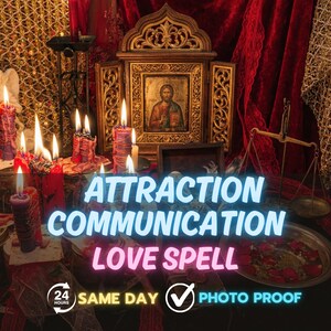 Op de afbeelding: Een verzameling brandende kaarsen in rood- en paarstinten, een goudkleurig drieluik-icoon met een religieuze figuur, een metalen weegschaal en een zilveren schaal met rode bloemblaadjes. Tekst: ATTRACTION COMMUNICATION LOVE SPELL 24 HOURS SAME DAY PHOTO PROOF.