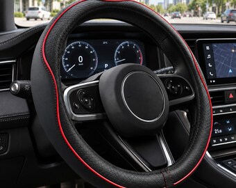 Microfiber Leather Steering Wheel Cover, Anti Slip Car Wheel Protector, Black Red Trim