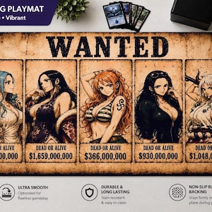 May include: A rectangular TCG playmat measuring 24 inches by 14 inches, featuring a vintage-style WANTED poster design with five anime-style female characters, each labeled with DEAD OR ALIVE and varying bounty amounts in black text on a tan background.