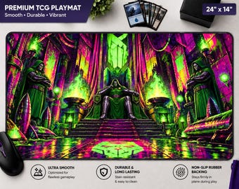 May include: A rectangular TCG playmat measuring 61 cm by 36 cm, featuring a vibrant, neon-coloured illustration of a cloaked figure sitting on a throne in a stone chamber, flanked by two standing figures, all illuminated by bright green flames.