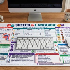 Peut inclure: Un tapis de bureau rectangulaire présentant un guide de référence rapide sur la parole et le langage pour les orthophonistes. Le tapis affiche des tableaux, des graphiques et des diagrammes colorés détaillant l'articulation et le développement.