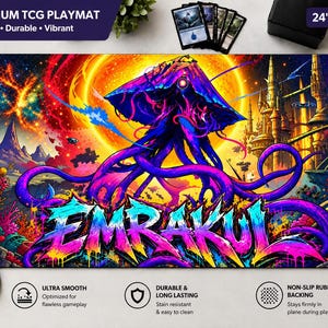 May include: A rectangular TCG playmat measuring 24 by 14 inches featuring a vibrant, colorful illustration of a large, purple, tentacled creature with a glowing eye. The text EMRAKUL is written in large, stylized graffiti-style lettering.