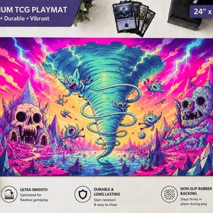 May include: A rectangular TCG playmat measuring 24 inches by 14 inches, featuring a vibrant, colorful illustration of a central teal tornado surrounded by small blue creatures, jagged mountains, and large skull-shaped rock formations.