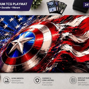 May include: A rectangular TCG playmat measuring 24 inches by 14 inches featuring a graphic of a circular shield with a central star, set against a stylized American flag background with red, white, and blue colors and a non-slip rubber backing.