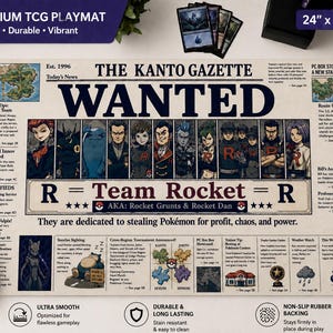 May include: A premium TCG playmat with a newspaper-themed design. The mat features a "Wanted" poster with Team Rocket characters and the text "The Kanto Gazette." It measures 24 inches by 14 inches.