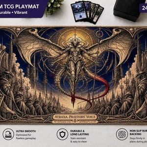 May include: A rectangular TCG playmat measuring 24 inches by 14 inches featuring a detailed illustration of the character Atraxa, Praetors' Voice. The artwork displays a winged figure with a long tail, surrounded by a dark, ornate architectural landscape.