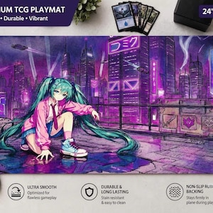 May include: A rectangular TCG playmat measuring 24 inches by 14 inches featuring a vibrant purple cyberpunk city illustration with a teal-haired character in a pink jacket and blue skirt crouching in the foreground amidst neon signs and skyscrapers.