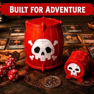 May include: A red barrel-shaped container featuring a white skull and crossbones graphic, accompanied by a smaller matching barrel, several red dice with white pips, and a gold coin. The text BUILT FOR ADVENTURE is displayed at the top.