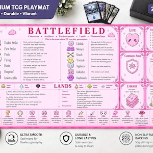 May include: A rectangular pink TCG playmat featuring a detailed game board layout with white text and icons. The mat includes sections for Battlefield, Lands, Life, Command Zone, Library, and Graveyard, with a 24 inch by 14 inch dimension label.