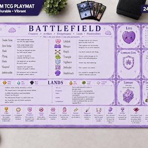 May include: A rectangular purple TCG playmat measuring 24 inches by 14 inches, featuring a detailed game board layout with text labels for Battlefield, Lands, Life, Command Zone, Exile, Library, and Graveyard, alongside various game icons.