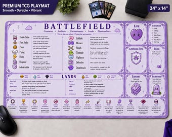 May include: A rectangular purple TCG playmat measuring 24 inches by 14 inches, featuring a detailed game board layout with text labels for Battlefield, Lands, Life, Command Zone, Exile, Library, and Graveyard, alongside various game icons.