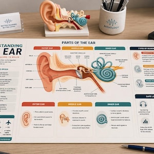 May include: A rectangular desk mat featuring an educational diagram titled Understanding The Ear. The print displays anatomical parts of the ear, sound-to-brain processing steps, types of hearing loss, a sound-level guide, and safe listening tips.