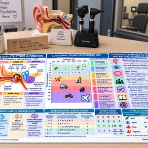 Peut inclure: Un grand tapis de bureau éducatif rectangulaire présentant des schémas détaillés de l'oreille humaine, un audiogramme avec des icônes sonores, des stratégies de classe pour les élèves sourds ou malentendants et des références de sons.