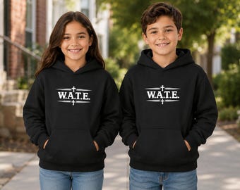 Sudadera con capucha con el acrónimo W.A.T.E. / Sudadera juvenil con capucha, tipografía minimalista en cruz