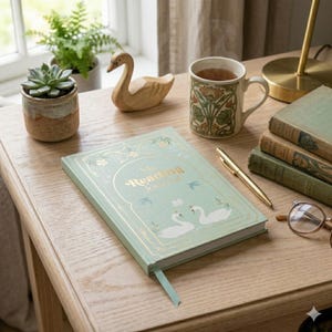 Peut inclure: Un journal de lecture vert clair avec le texte doré My Reading Journal et des illustrations de deux cygnes. Le journal comporte un marque-page en ruban et est posé sur une surface en bois à côté d'une tasse en céramique et de livres.