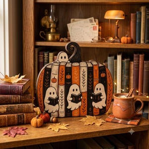 Kürbis-Holzschild „Lesender Geist“ | Halloween-Deko für Bücherliebhaber | Niedlicher Geister-Weihnachtsbaumschmuck | Herbstdeko im Stil von Dark Academia