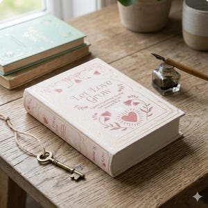 Peut inclure: Un livre à couverture rigide rose pâle intitulé Let Love Grow avec des illustrations florales et en forme de cœur en feuille d'or sur la couverture. Le dos du livre indique Let Love Grow et Volume 3. Une clé ancienne en laiton avec une ficelle.