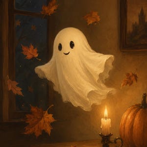 Peut inclure: Illustration fantaisiste d'un fantôme souriant flottant dans une pièce. Des feuilles d'automne tombent près d'une fenêtre, d'une bougie allumée et d'une citrouille, créant une ambiance chaleureuse pour Halloween.