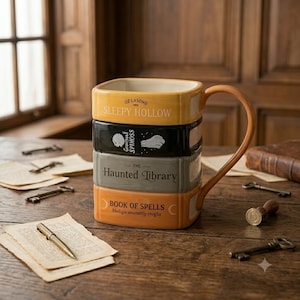 Peut inclure: Un mug en céramique en forme de pile de quatre livres avec une anse incurvée. Le livre du haut est jaune avec l'inscription Sleepy Hollow, le deuxième est noir avec un crâne, le troisième est gris avec The Haunted Library et le bas est orange.