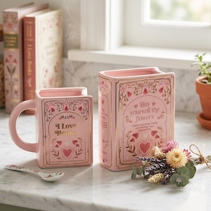Book Lover Gift Set – Book Vase & Pink Mug Bundle – Cozy Reading Corner Decor – Cottagecore Gift for Bookworms
