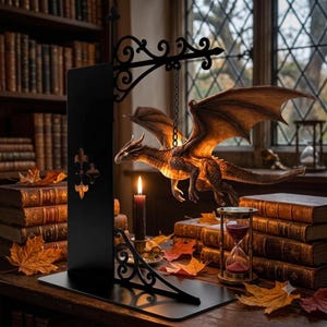 Floating Dragon Bookshelf Lamp | Fantasy Dragon Night Light | Gothic Wrought Iron Bracket Decor | Unique Gift for Book Lovers