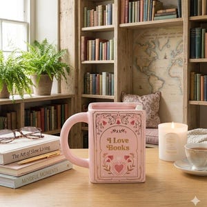 Può includere: Una tazza in ceramica rosa chiaro a forma di libro con un manico curvo. La parte anteriore presenta la scritta "I Love Books" in lettere dorate, circondata da illustrazioni floreali e un motivo a cuore. La tazza poggia su una superficie in legno.