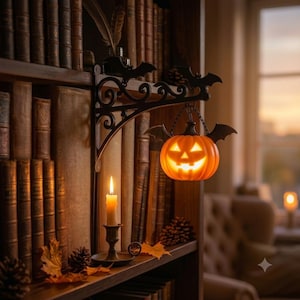 Może przedstawiać: Czarny metalowy wspornik ścienny z ornamentami i sylwetkami nietoperzy podtrzymuje wiszący pomarańczowy lampion w kształcie dyni. Dynia ma wycięty wzór twarzy ze świecącymi oczami i ustami oraz małe czarne skrzydła nietoperza po bokach.