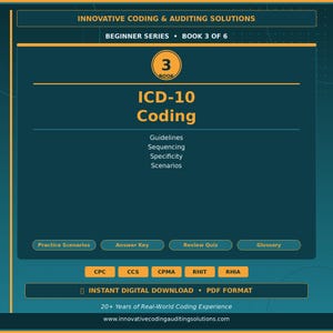 Può includere: Una copertina di libro verde acqua e oro per la codifica ICD-10, parte di una serie per principianti. La copertina presenta il titolo "ICD-10 Coding" e argomenti correlati. Include il testo "Download digitale istantaneo - Formato PDF".