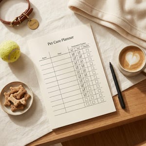 May include: A pet care planner with a vaccination tracker, a tennis ball, dog treats, a leather collar, and a cup of coffee with latte art. The planner is on a wooden surface with a white cloth.