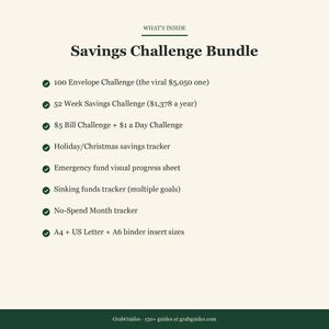 Op de afbeelding: Een beige afbeelding met de tekst "WHAT'S INSIDE" en "Savings Challenge Bundle". De bundel bevat trackers voor verschillende spaardoelen, zoals de 100 Envelope Challenge, 52 Week Challenge en vakantiebesparingen. Bevat ook A4, US Letter en A6.