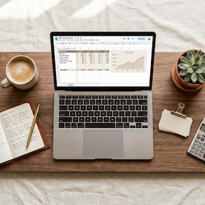 Op de afbeelding: Een laptop met een spreadsheet en winstgrafiek staat op een houten oppervlak, omringd door een kop koffie, een vetplant in een terracotta pot, een notitieblok, een pen, een rekenmachine en notitiekaarten.