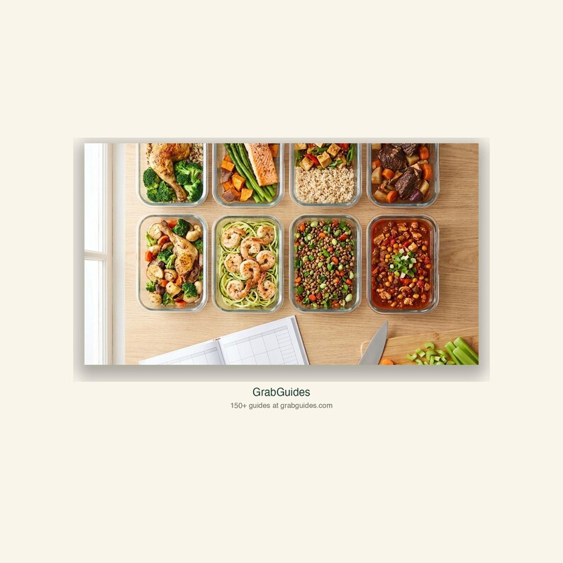 May include: An overhead shot of eight clear glass food containers filled with various prepared meals. The meals include chicken and broccoli, salmon and asparagus, and shrimp with zucchini noodles. A notebook, knife, and chopped vegetables are also visible.