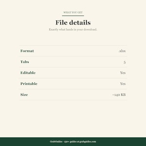 Puede incluir: Gr&aacute;fico crema con el texto "File details" y "Exactly what lands in your download." El archivo es .xlsx, con 5 pesta&ntilde;as, editable, imprimible y de aproximadamente 140 KB. La parte inferior del gr&aacute;fico dice "GrabGuides - 150+ guides at grabguides.com."