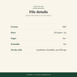 May include: A digital product information graphic with the text "File details" and "Exactly what lands in your download." The format is PDF, with US Letter and A4 sizes, 60+ pages, and is printable. It works with GoodNotes, Notability, and any PDF app.