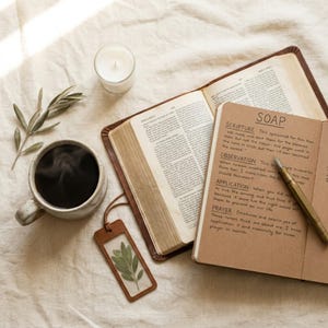 Könnte beinhalten: Ein Stillleben mit einer dampfenden Kaffeetasse, einer geöffneten Bibel und einem Notizbuch mit dem Wort "SOAP". Ein Leder-Lesezeichen mit einem gepressten Blatt und eine brennende Kerze sind ebenfalls zu sehen. Alles liegt auf einem cremefarbenen Stoff.