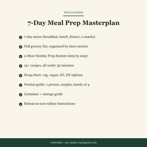 May include: A beige graphic with the title "7-Day Meal Prep Masterplan" and bullet points detailing the contents, including a 7-day menu, grocery list, and recipes. The text also mentions vegan, gluten-free, and dairy-free options.