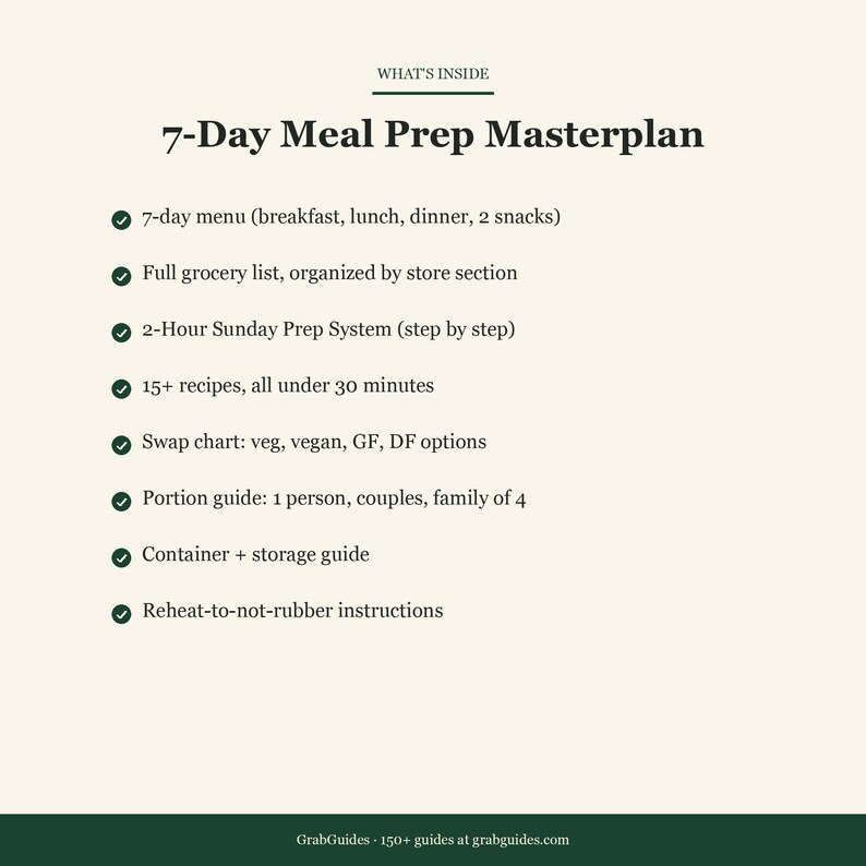 May include: A beige graphic with the title "7-Day Meal Prep Masterplan" and bullet points detailing the contents, including a 7-day menu, grocery list, and recipes. The text also mentions vegan, gluten-free, and dairy-free options.