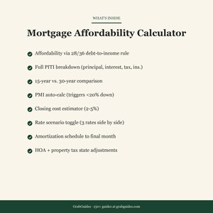 May include: A cream-coloured graphic titled "Mortgage Affordability Calculator" detailing features such as debt-to-income rule, PITI breakdown, and closing cost estimator. The text "What's Inside" is at the top.