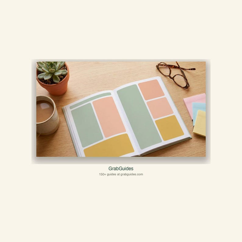 Puede incluir: Un cuaderno abierto con bloques de colores pastel, una taza de caf&eacute;, una peque&ntilde;a planta suculenta en maceta, gafas y notas adhesivas sobre una superficie de madera. El cuaderno tiene bloques verdes, melocot&oacute;n y amarillos. El texto "GrabGuides" es visible.
