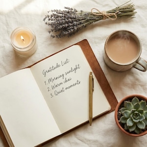 Puede incluir: Un diario abierto con las palabras "Gratitude List" y tres elementos escritos en la p&aacute;gina. Un bol&iacute;grafo dorado descansa en la p&aacute;gina. Una vela encendida, una taza de caf&eacute;, una peque&ntilde;a suculenta en maceta y un manojo de lavanda seca tambi&eacute;n est&aacute;n en la imagen.