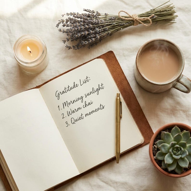 Puede incluir: Un diario abierto con las palabras "Gratitude List" y tres elementos escritos en la p&aacute;gina. Un bol&iacute;grafo dorado descansa en la p&aacute;gina. Una vela encendida, una taza de caf&eacute;, una peque&ntilde;a suculenta en maceta y un manojo de lavanda seca tambi&eacute;n est&aacute;n en la imagen.
