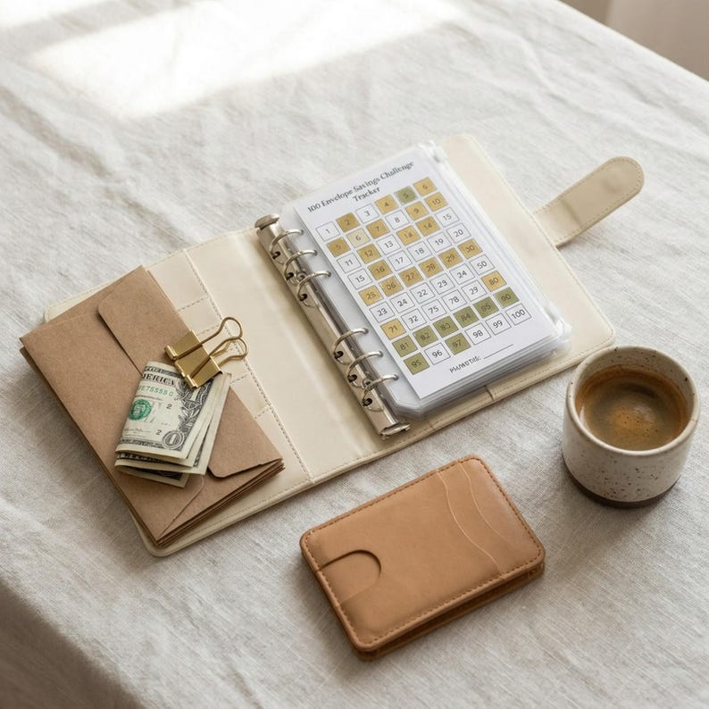 Op de afbeelding: Een open cr&egrave;mekleurige binder met een spaaruitdaging tracker, een bruine envelop met contant geld, een gouden paperclip, een tan leren kaarthouder en een klein kopje koffie op een neutrale ondergrond.