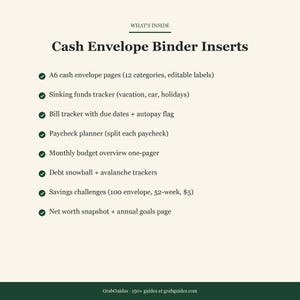 May include: Cream-colored graphic with the text "Cash Envelope Binder Inserts." The image lists features including A6 cash envelope pages, sinking funds tracker, bill tracker, paycheck planner, monthly budget overview, debt trackers, savings challenges, and net worth snapshot.