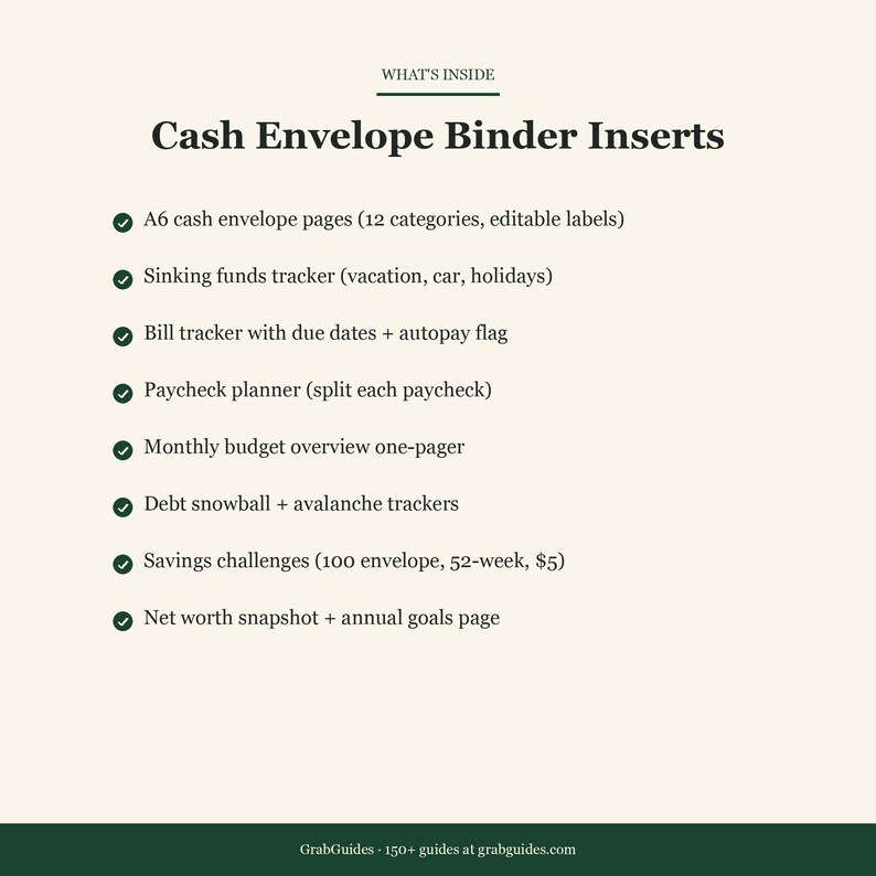 May include: Cream-colored graphic with the text "Cash Envelope Binder Inserts." The image lists features including A6 cash envelope pages, sinking funds tracker, bill tracker, paycheck planner, monthly budget overview, debt trackers, savings challenges, and net worth snapshot.